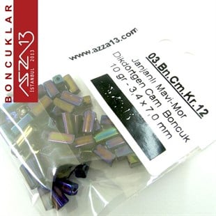 Janjanlı Mavi-Mor Opak 3,4x7,0 mm Dikdörtgen Prizma Cam Boncuk / Paket İçeriği 60 Adet