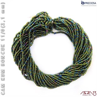 Metalik Janjanlı Neft Yeşil Cam Kum Boncuk 11/0 (2,1 mm) 40 gr