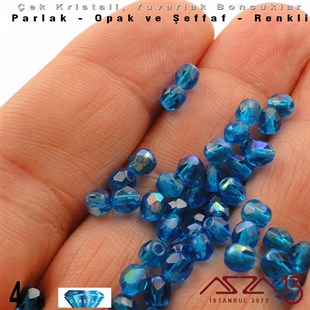Çek Kristal Boncuk - Fire Polish - Yuvarlak - 4 mm - Efektli Sapphire - 48 Adet