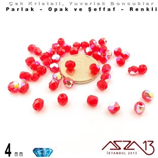 Çek Kristal Boncuk - Fire Polish - Yuvarlak - 4 mm - Efektli Siam - 48 Adet
