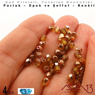 Çek Kristal Boncuk - Fire Polish - Yuvarlak - 4 mm - Gold AB - 48 Adet