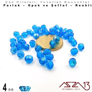 Çek Kristal Boncuk - Fire Polish - Yuvarlak - 4 mm - Efektli Sapphire - 48 Adet