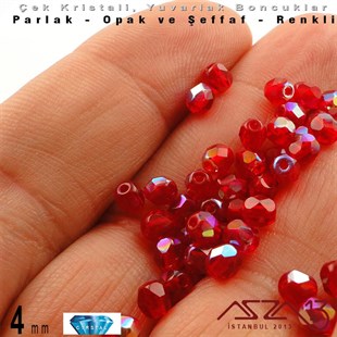 Çek Kristal Boncuk - Fire Polish - Yuvarlak - 4 mm - Efektli Siam - 48 Adet