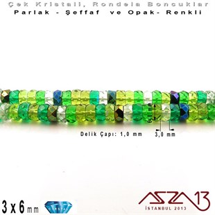 Çek Kristal Rondela Boncuk - 3x6 mm - Karışık Renk (Evergreen) - 60 Adet