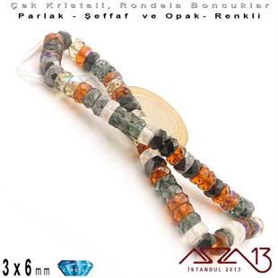 Çek Kristal Rondela Boncuk - 3x6 mm - Karışık Renk (Pebblestone) - 60 Adet