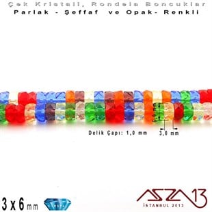 Çek Kristal Rondela Boncuk - 3x6 mm - Karışık Renk (Rainbow) - 60 Adet