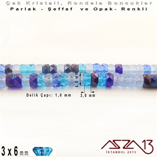 Çek Kristal Rondela Boncuk - 3x6 mm - Karışık Renk (Bluetones) - 60 Adet