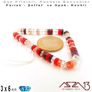 Çek Kristal Rondela Boncuk - 3x6 mm - Karışık Renk (Strawbery) - 60 Adet