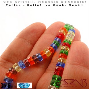 Çek Kristal Rondela Boncuk - 3x6 mm - Karışık Renk (Rainbow) - 60 Adet