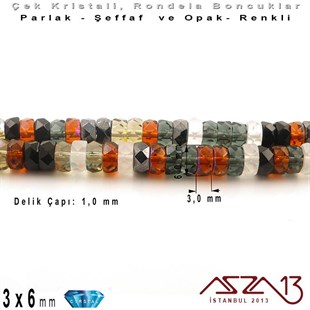 Çek Kristal Rondela Boncuk - 3x6 mm - Karışık Renk (Pebblestone) - 60 Adet