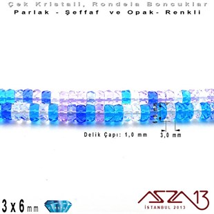 Çek Kristal Rondela Boncuk - 3x6 mm - Karışık Renk (Crabienblue) - 60 Adet