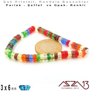 Çek Kristal Rondela Boncuk - 3x6 mm - Karışık Renk (Rainbow AB) - 60 Adet