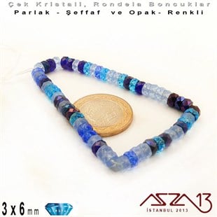 Çek Kristal Rondela Boncuk - 3x6 mm - Karışık Renk (Bluetones) - 60 Adet