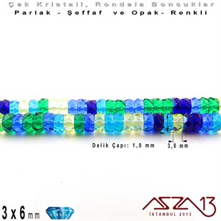 Çek Kristal Rondela Boncuk - 3x6 mm - Karışık Renk (Lagoon) - 60 Adet