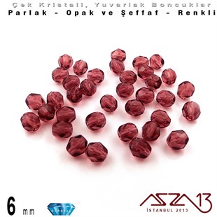 Çek Kristal Boncuk - Fire Polish - Yuvarlak - 6 mm - Amethyst - 36 Adet