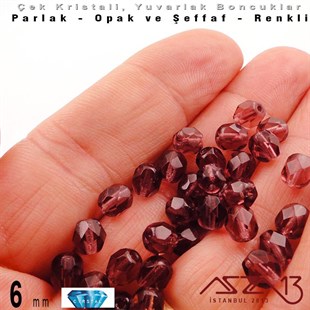 Çek Kristal Boncuk - Fire Polish - Yuvarlak - 6 mm - Amethyst - 36 Adet