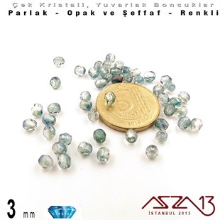Çek Kristal Boncuk - Fire Polish - Yuvarlak - 3 mm - Indian Sapphire AB - 48 Adet