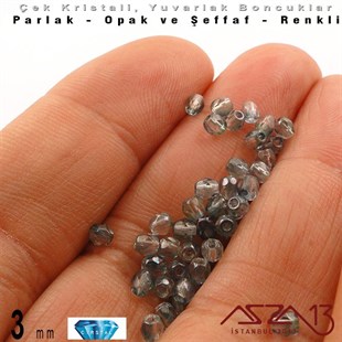 Çek Kristal Boncuk - Fire Polish - Yuvarlak - 3 mm - Indian Sapphire AB - 48 Adet