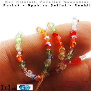 Çek Kristal Yuvarlak Boncuk - 3 mm - Karışık Renk (Rainbow AB) - 100 Adet