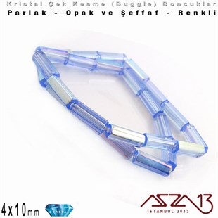 Çek Kristal, Beşgen Çubuk Boncuk - 4x10 mm - Karışık Renk (Light Sapphire AB) - 25 Adet
