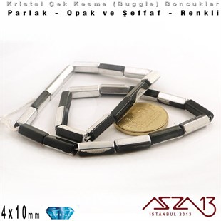Çek Kristal, Beşgen Çubuk Boncuk - 4x10 mm - Karışık Renk (Jet Silver) - 25 Adet