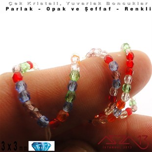 Çek Kristal Yuvarlak Boncuk - 3 mm - Karışık Renk (Rainbow) - 100 Adet