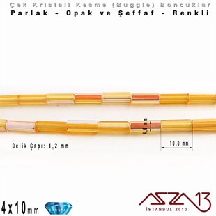 Çek Kristal, Beşgen Çubuk Boncuk - 4x10 mm - Karışık Renk (Amber AB) - 25 Adet