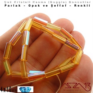 Çek Kristal, Beşgen Çubuk Boncuk - 4x10 mm - Karışık Renk (Amber AB) - 25 Adet