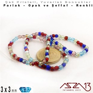 Çek Kristal Yuvarlak Boncuk - 3 mm - Karışık Renk (Gemstones) - 100 Adet