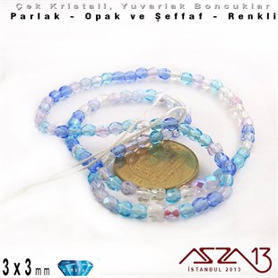 Çek Kristal Yuvarlak Boncuk - 3 mm - Karışık Renk (Caribeanblue) - 100 Adet