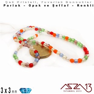 Çek Kristal Yuvarlak Boncuk - 3 mm - Karışık Renk (Rainbow) - 100 Adet