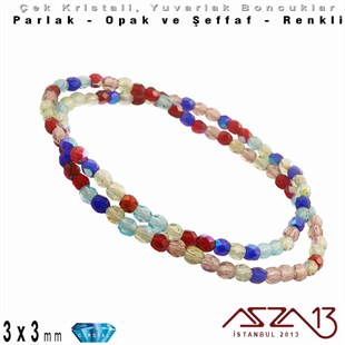 Çek Kristal Yuvarlak Boncuk - 3 mm - Karışık Renk (Gemstones) - 100 Adet