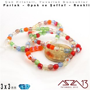 Çek Kristal Yuvarlak Boncuk - 3 mm - Karışık Renk (Rainbow AB) - 100 Adet