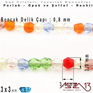 Çek Kristal Yuvarlak Boncuk - 3 mm - Karışık Renk (Rainbow) - 100 Adet
