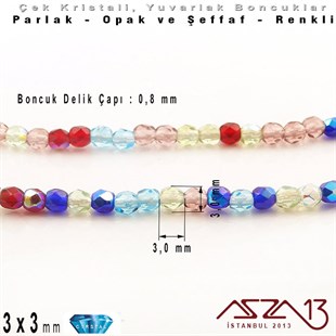 Çek Kristal Yuvarlak Boncuk - 3 mm - Karışık Renk (Gemstones) - 100 Adet