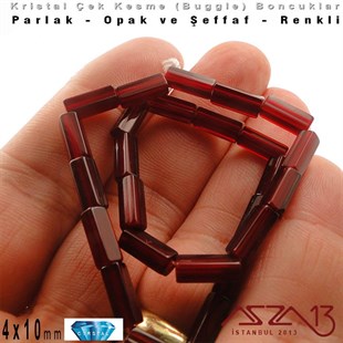 Çek Kristal, Beşgen Çubuk Boncuk - 4x10 mm - Karışık Renk (Garnet) - 25 Adet