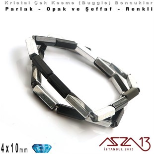 Çek Kristal, Beşgen Çubuk Boncuk - 4x10 mm - Karışık Renk (Jet Silver) - 25 Adet