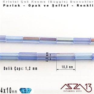 Çek Kristal, Beşgen Çubuk Boncuk - 4x10 mm - Karışık Renk (Light Sapphire AB) - 25 Adet