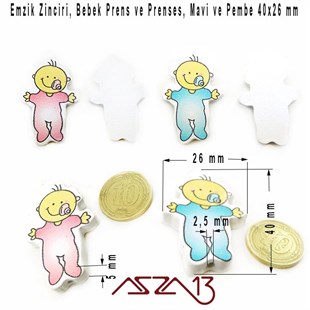 Prens ve Prenses Bebek 26x40 mm, Pembe ve Mavi, Ahşap Boncuk / Paket İçeriği 1 Adet
