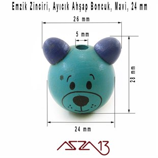 Ayıcık 24 mm, Mavi, Ahşap Top Boncuk / Paket İçeriği 1 Adet