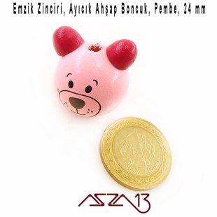 Ayıcık 24 mm, Pembe, Ahşap Top Boncuk / Paket İçeriği 1 Adet