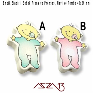 Prens ve Prenses Bebek 26x40 mm, Pembe ve Mavi, Ahşap Boncuk / Paket İçeriği 1 Adet