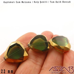 22 mm - Cam - Kenar Kaplamalı - Kalp Boncuk / 3 Adet