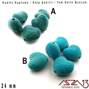 24 mm - Kadife Kaplamalı - Kalp Boncuk / 5 Adet