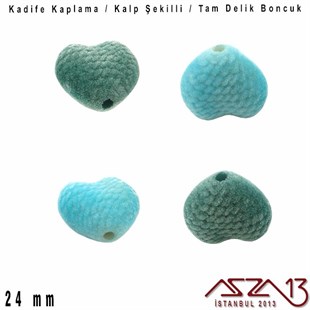 24 mm - Kadife Kaplamalı - Kalp Boncuk / 5 Adet