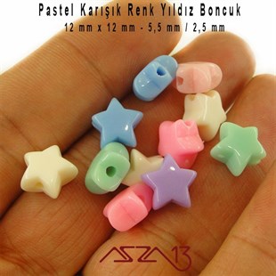 Karışık Pastel Renkli 12 mm Yıldız Boncuk / Paket İçeriği 40 Adet