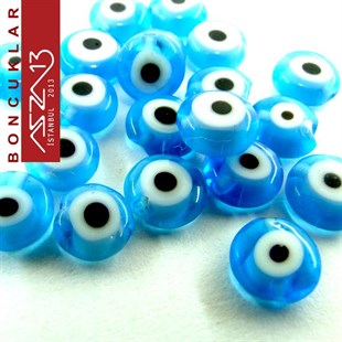 Murano (Mavi Nazar Boncuğu), Şeffaf 6 mm Yassı Yuvarlak Şekilli  Boncuk / Paket İçeriği 20 Adet