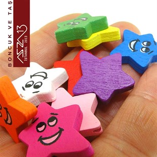 Yıldız 20x22 mm, Gülen Yüz Ahşap Boncuk (3,0 Gr) / Paket İçeriği 4 Adet