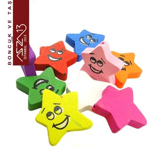 Yıldız 20x22 mm, Gülen Yüz Ahşap Boncuk (3,0 Gr) / Paket İçeriği 4 Adet