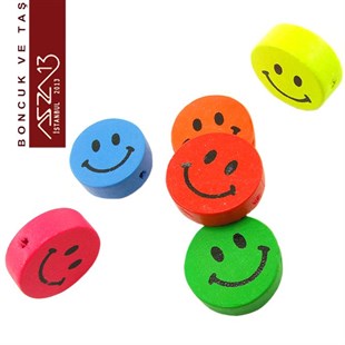 Yuvarlak 18 mm, Gülen Yüz Desenli Ahşap Boncuk (4,6 Gr) / Paket İçeriği 4 Adet